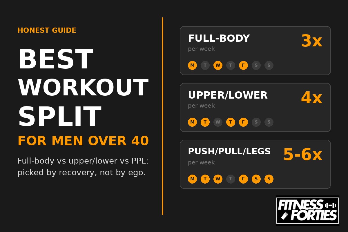 Best workout split for men over 40: full-body 3x, upper/lower 4x, and push/pull/legs weekly layouts compared