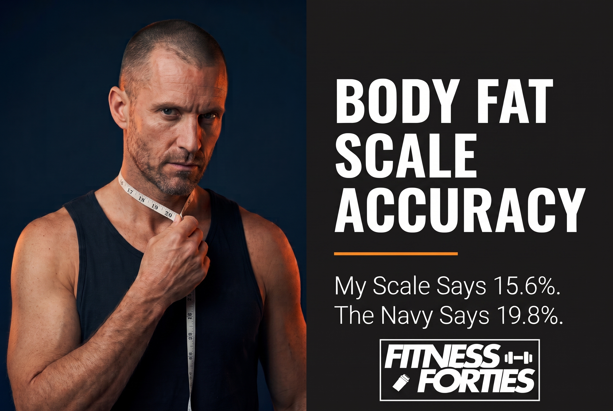 Man in his 40s measuring his neck with a flexible tape measure to test body fat scale accuracy