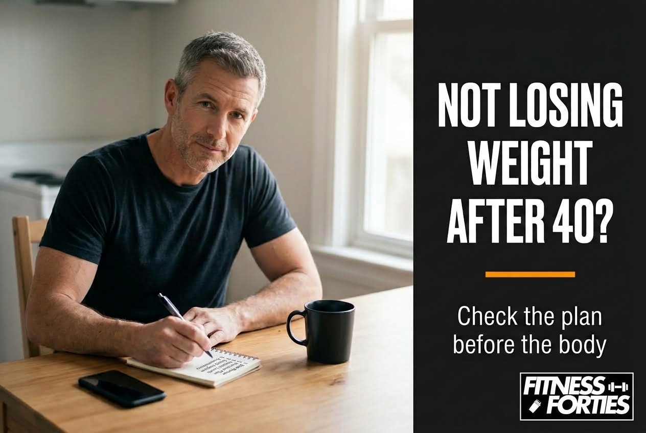 Not losing weight after 40: a man in his late 40s scoring his training week in a notebook at a kitchen table